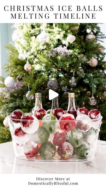 christmas ice balls melting timeline in front of a christmas tree with wine glasses and fruit