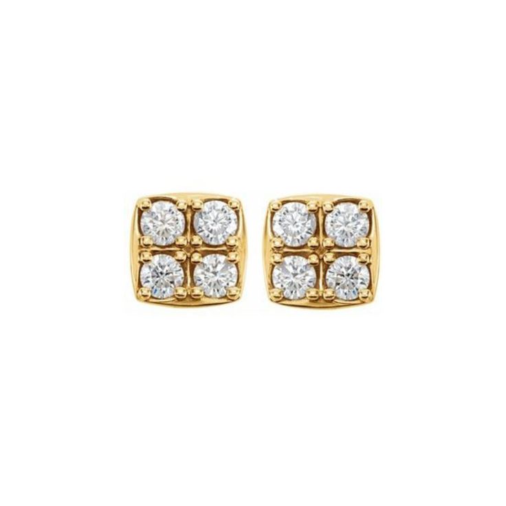 A simple and sophisticated appeal with these classic stud earrings. Metal: 14K gold Diamond Quality: G-H color, I1 clarity Diamond Weight: 8 total stones, .5 carats total Elegant Gold-plated Diamond Earrings With Prong Setting, Classic Princess Cut Earrings With Prong Setting, Classic Gold Diamond Earrings, Tarnish Resistant, 14k Gold Diamond Cut Diamond-shaped Earrings, Edelweiss Jewelry, Luxury Prong-set Princess Cut Diamond Earrings, Gold Diamond Earrings Studs, Gold Diamond Studs, Perfect Engagement Ring