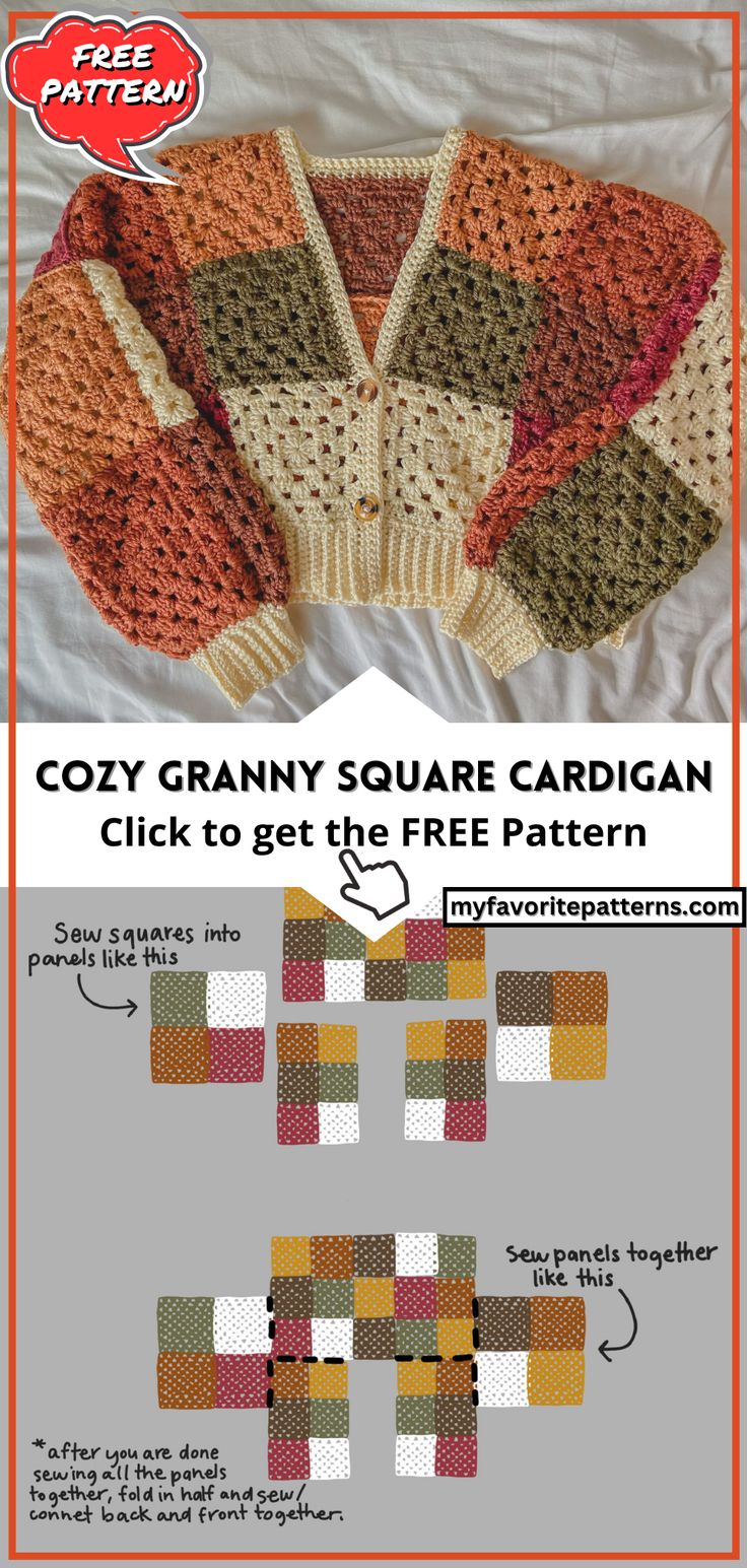 an image of a crocheted granny sweater pattern with instructions for the front and back