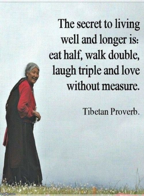 an old woman standing on top of a hill with a quote about living well and longer is eat half, walk double, laugh triple and love without measure