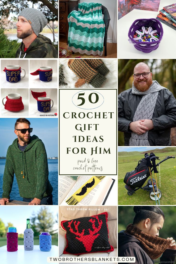 crochet gift ideas for him and her, including hats, scarves, mittens, mugs