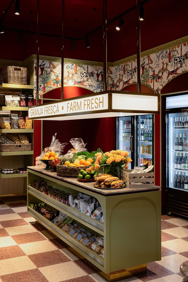 a display in a store filled with lots of food