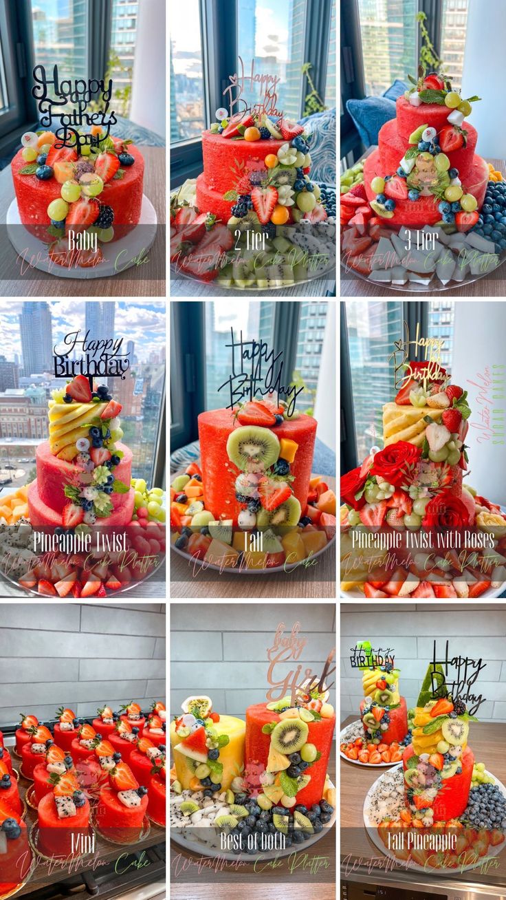 a collage of pictures showing different types of food on display in front of a window