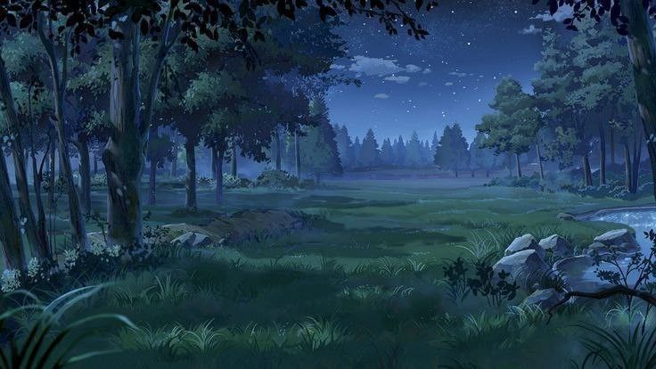 an animated scene of a forest at night