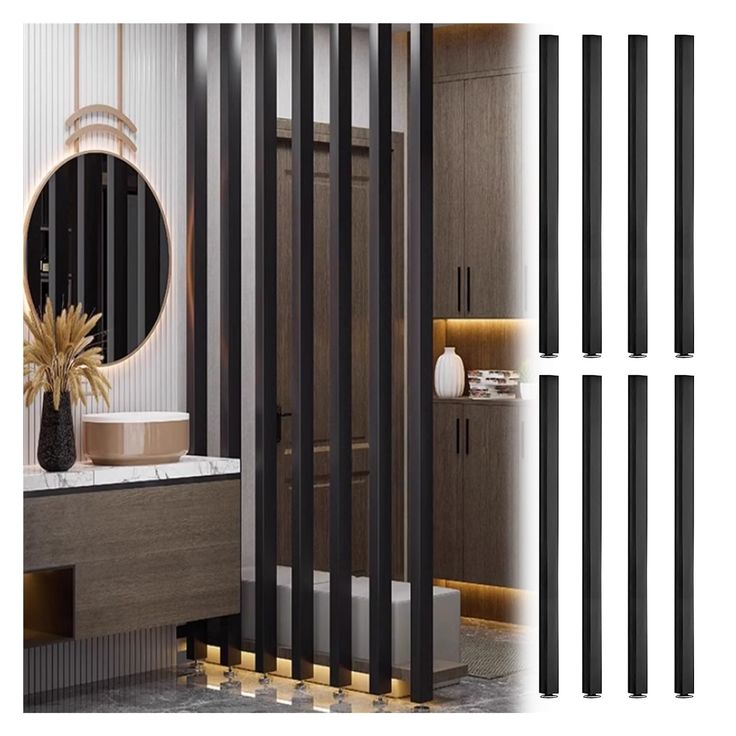 four different views of a modern bathroom with black and gold accents