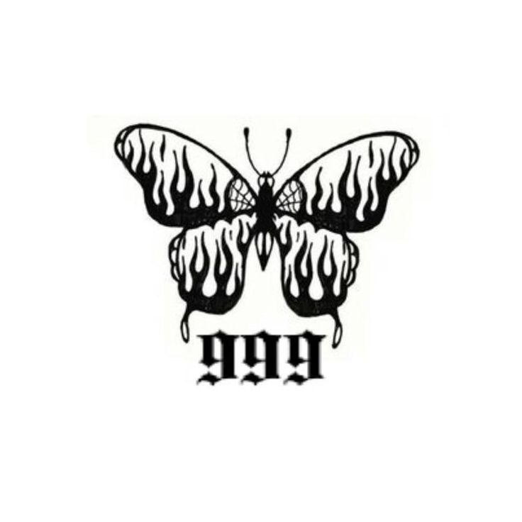 a black and white image of a butterfly with flames on it's wings, the word