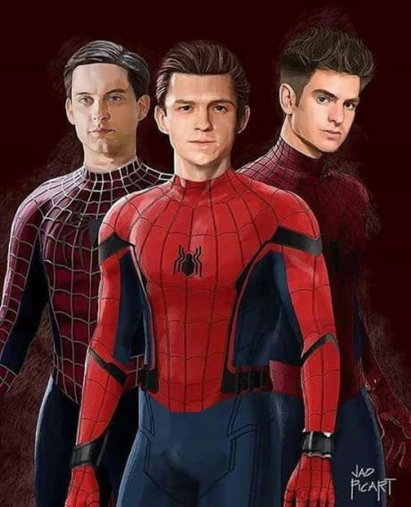 three men in spider - man suits standing next to each other