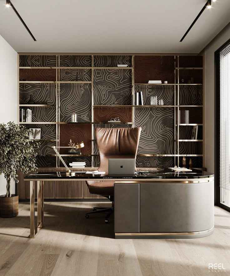 an office area with a desk, chair and bookcase