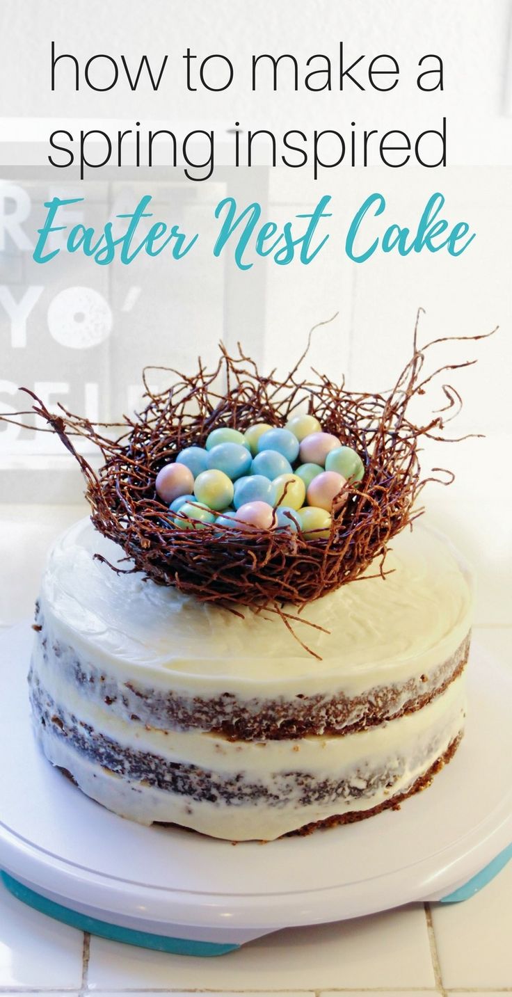 a cake with white frosting and chocolate eggs in the nest on top that says how to make a spring inspired easter nest cake