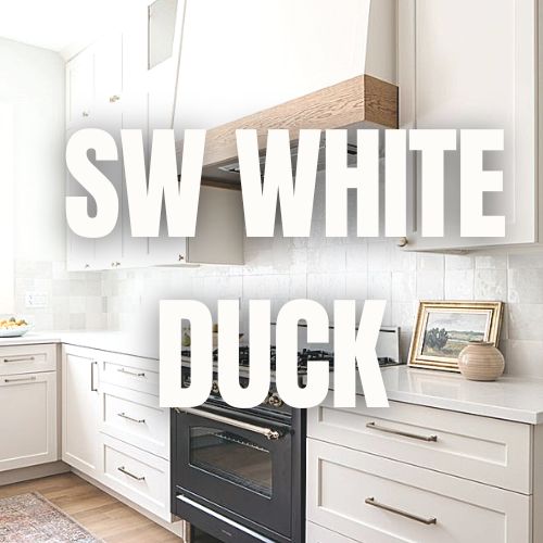 the words sw white duck are in front of an image of a kitchen with white cabinets