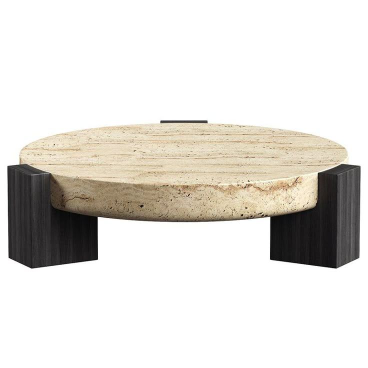 an oval marble coffee table with black metal legs and a circular wooden top, viewed from the front