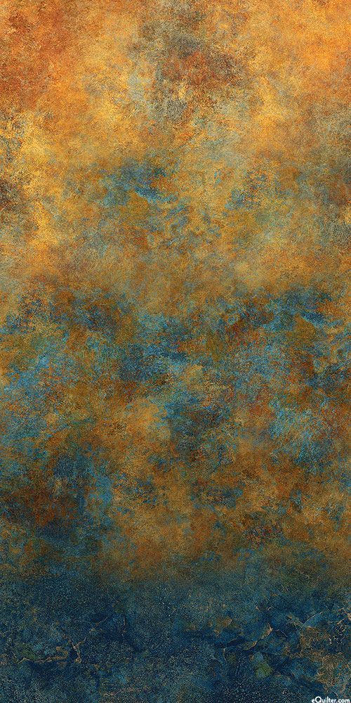 an abstract painting with orange, yellow and blue colors on it's surface is shown