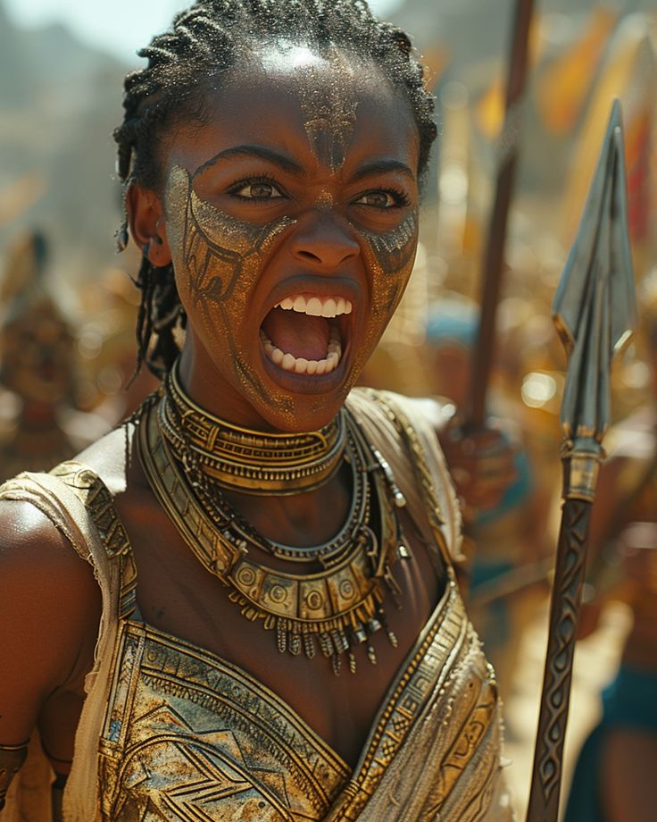 an african woman with painted face and headdress holding a spear in her hand