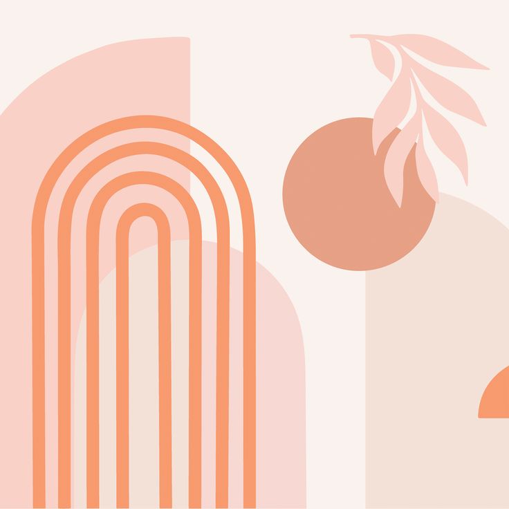 an orange and pink abstract background with circles, lines, and leaves on the wall