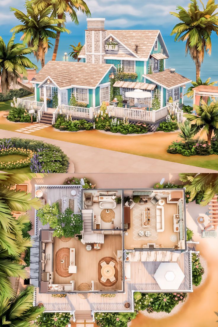 an artist's rendering of a beach house with palm trees in the foreground