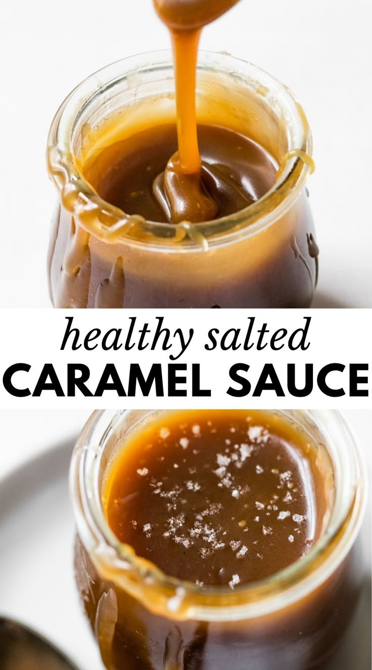 caramel sauce is being poured into a jar