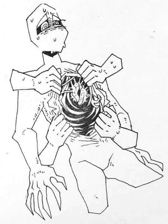 a black and white drawing of a person holding something