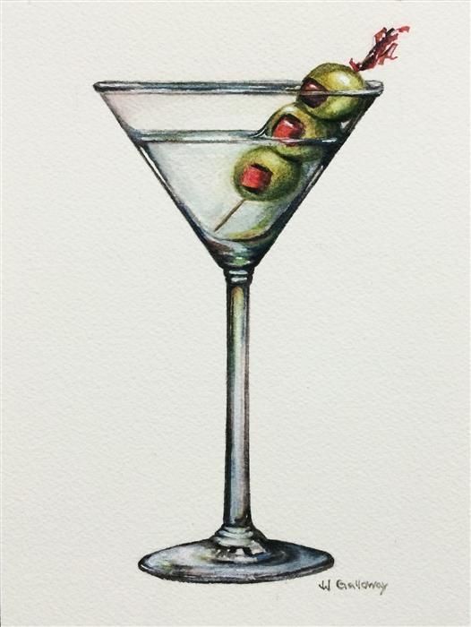 a watercolor painting of a martini with olives on the rim and garnish