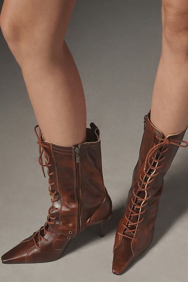 Leather upper, insole, sole Tie styling Imported | Balboa Lace-Up Boots by Schutz in Brown, Women's, Size: 5, Leather at Anthropologie Leather Lace-up Boots With Square Toe And Reinforced Heel, Leather Lace-up Boots With Reinforced Heel And Square Toe, Brown Square-toe Leather Lace-up Boots, Fitted Boots With Lacing And Round Toe, Leather Lace-up Mid-calf Boots With Reinforced Heel, Fitted Brown Knee-high Lace-up Boots, Fitted Almond Toe Boots With Laces, Fitted Brown Mid-calf Boots With Almond Toe, Brown Pointed Toe Lace-up Boots With Reinforced Heel