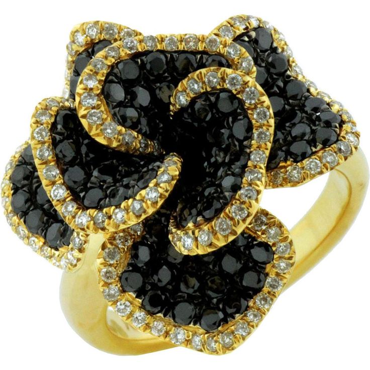 Royal 14K Yellow Gold Black Diamond & Diamond Flower Ring - 2.47 Carat Total Diamond Weight Formal Flower Shaped Jewelry With Pave Setting, Luxury Flower Shaped Jewelry With Pave Setting, Elegant Yellow Gold Diamond Ring With Black Diamonds, Elegant Yellow Gold Rings With Black Diamonds, Luxury Flower-shaped Diamond Ring For Formal Occasions, Luxury Formal Flower-shaped Ring, Luxury Flower-shaped Ring For Formal Occasions, Luxury Flower Ring For Formal Occasions, Luxury Flower Shaped Formal Rings