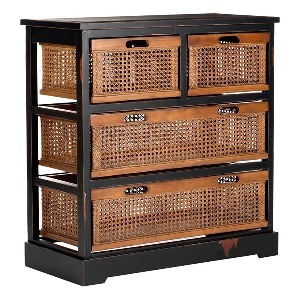 a wooden shelf with four baskets on top and two drawers below the shelves, all in black