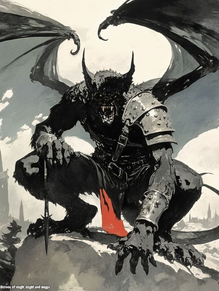 a painting of a demon sitting on top of a mountain with his hands in his pockets