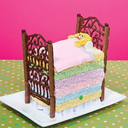 a cake shaped like a crib on a plate with polka dot tablecloths