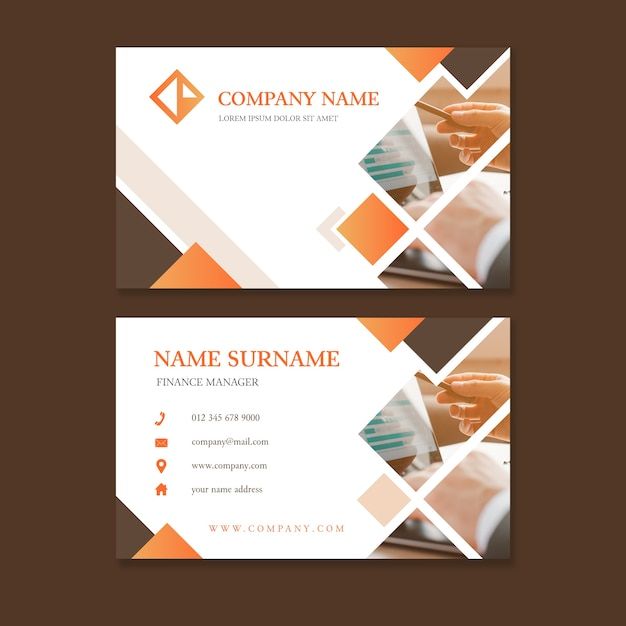 two business cards with an orange and white design