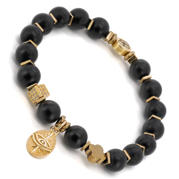 The Black Onyx Stone Gold Evil Eye Beaded Bracelet is a stunning piece of handmade jewelry that incorporates a variety of beautiful and meaningful elements. These elements create a unique piece of jewelry that is perfect for anyone who wants to add a touch of elegance, protection, and spiritual energy to their daily life. The Onyx Unique Eye Bracelet is a perfect accessory to wear on its own or to layer with other bracelets for a personalized and stylish look. The spiritual eye is a symbol of pr Handmade Symbolic Black Beaded Bracelets, Elegant Onyx Beaded Bracelets With Black Beads, Black Bohemian Bracelet With Polished Beads, Bohemian Black Bracelets With Polished Beads, Bohemian Black Bracelet With Polished Beads, Luxury Beaded Onyx Jewelry, Luxury Onyx Beaded Jewelry, Elegant Onyx Beaded Bracelets With Gemstone Beads, Elegant Onyx Gemstone Beaded Bracelets