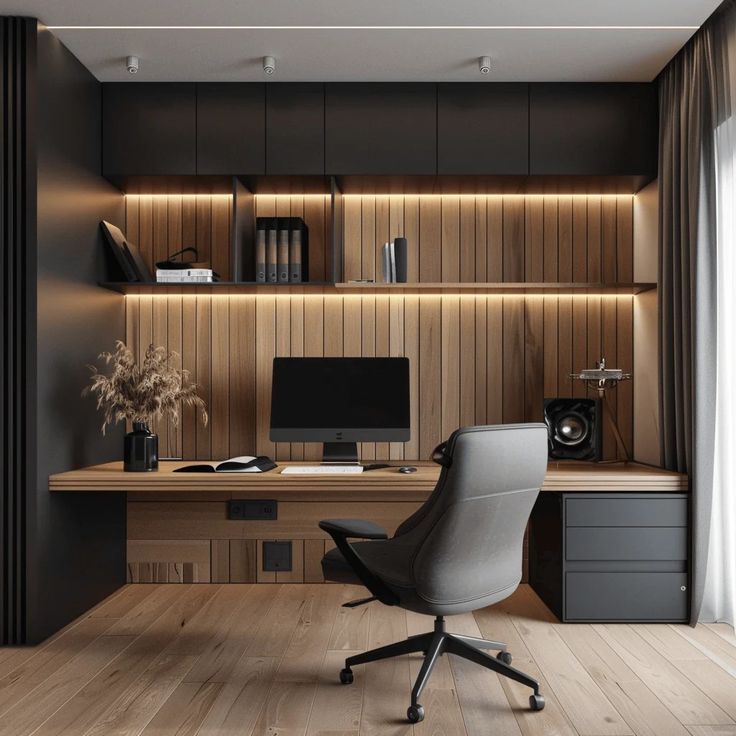 a home office with wood paneling and lighting