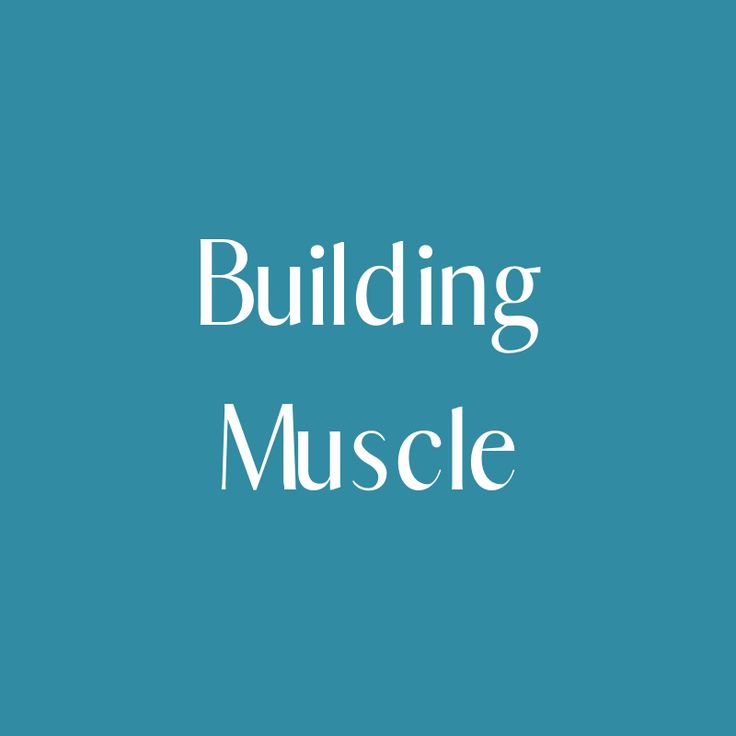 the words building muscle are in white on a teal blue background with an image of a