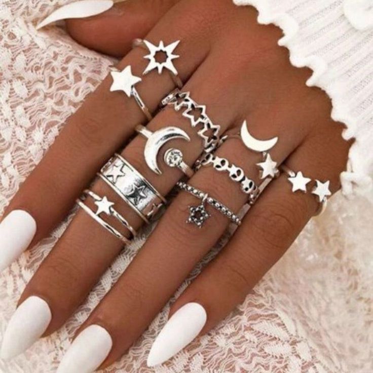 Celestial Silver And Crescent Moon 10 Piece Rings - Alloy - 10 Pieces - Approximately Size 6 Moon Star Ring, Star Rings, Crescent Moon Ring, Moon And Star Ring, Moon Decor, Sun Moon Stars, Moon Ring, Celestial Jewelry, Star Bracelet