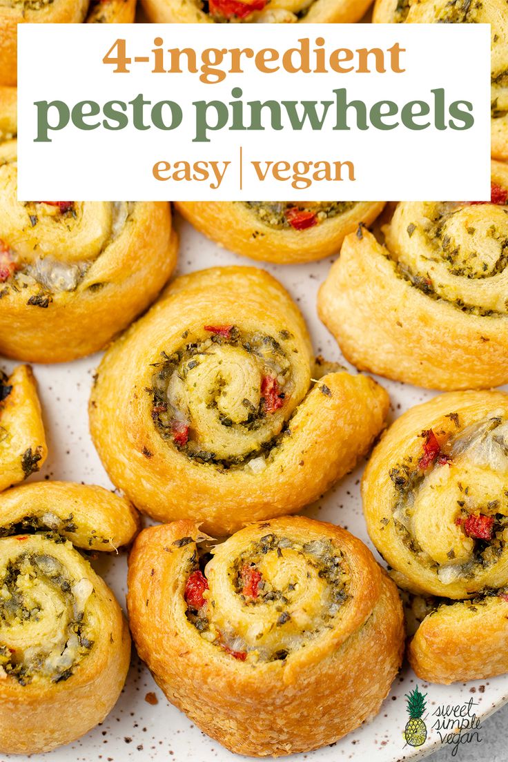 a plate full of pesto pinwheels with text overlay