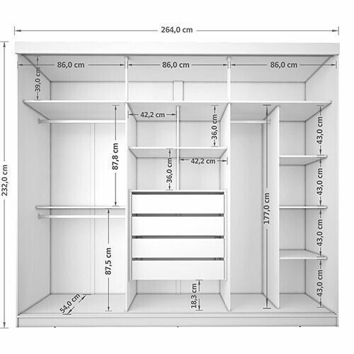 an open closet with measurements for the door and shelves on each side, including one shelf