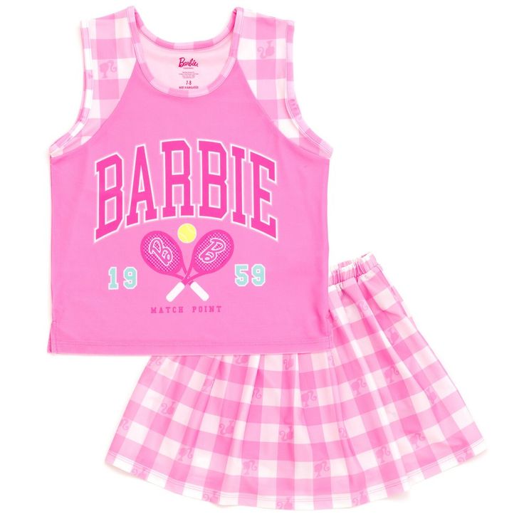 Get ready for an adventure in the Dreamhouse and embrace Barbie's amazing sense of style with this cute, comfy and stylish Barbie outfit! This fashionable sleeveless shirt and pleated skort set features a cute pink and white checkered print tennis skirt, convenient pockets on the shorts that can hold a phone, and a fun tennis themed design that your Barbie fan will love to wear! Made of a soft 4-way stretch fabric for all day comfort, this cool Barbie set is perfect for athletic sports, a party Pink And White Checkered, Skort Set, Skort Outfit, Girls Tank Top, Stylish Tank Tops, Cheer Outfits, Checkered Print, Tanktop Girl