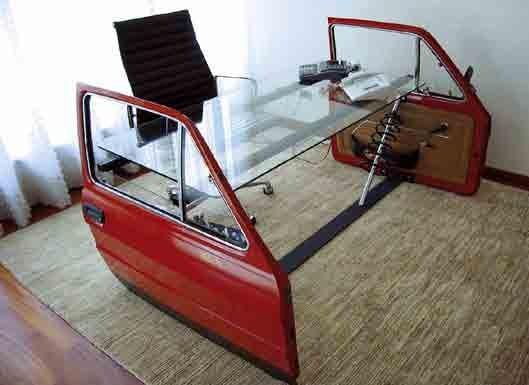 an old car desk with a glass top