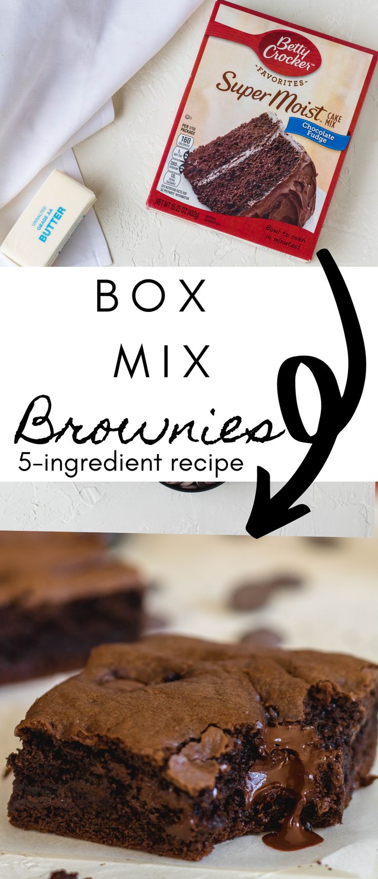 brownie recipe box mix with chocolate frosting on the top and in the bottom