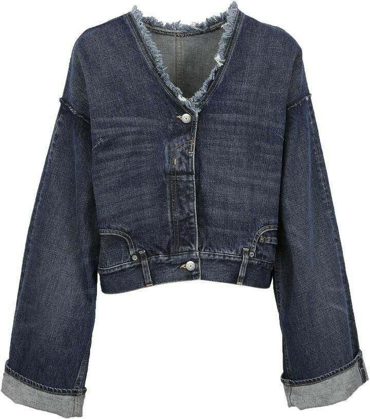 a cropped jean jacket with fraying on the sleeves and cuffs, front view