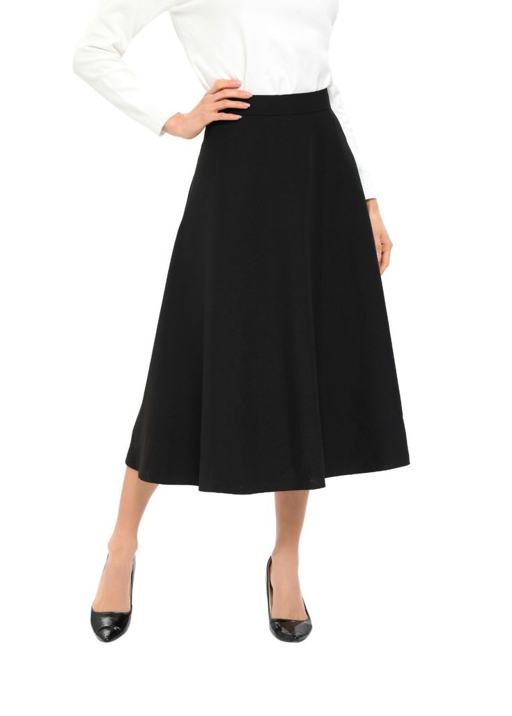 This classic black knee-length skirt is the perfect addition to any wardrobe. Its simple and timeless design makes it versatile and easy to wear for any occasion. The skirt falls at the knee, making it an appropriate and modest length. The A-line cut of the skirt creates a flattering silhouette and comfortable fit. It is made with a lightweight and breathable fabric that will keep you cool and comfortable all day long. It is available in sizes XS to XL, and with a length of 31 inches, it can acc