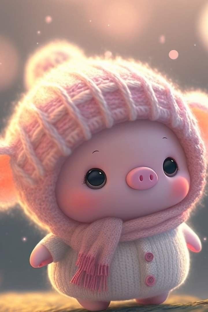 a little pig wearing a pink hat and scarf