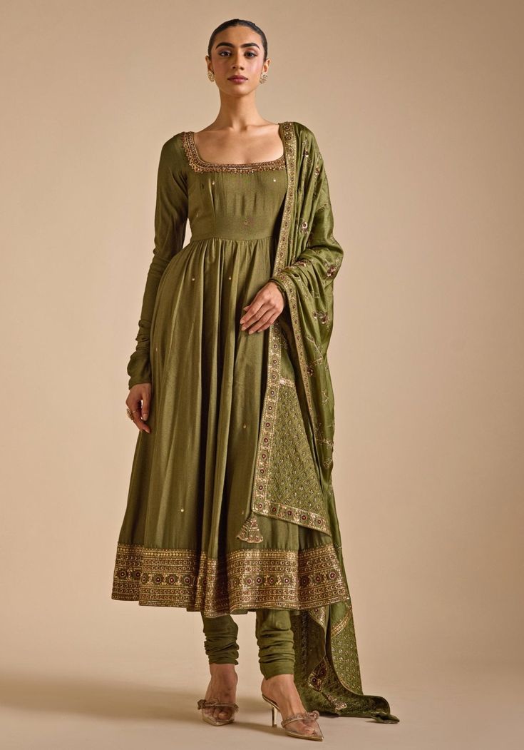 Olive Green Tussar Silk Anarkali set Prevasu - Fabilicious Fashion Mehendi Dress Outfits, Green Anarkali Dress, Indian Wedding Dress Traditional, Green Anarkali, Wedding Guest Attire, Silk Anarkali, Vacuum Storage, Design Books, Olive Green Dresses