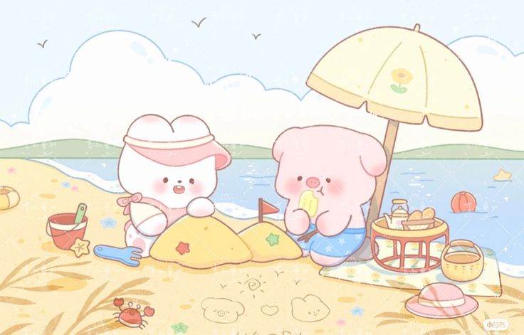 two cartoon bears are sitting on the beach under an umbrella and having a picnic together