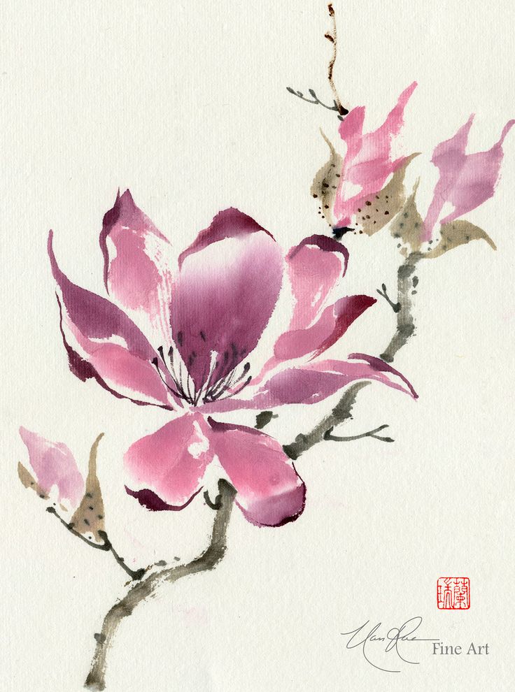 a painting of pink flowers and a bird on a branch with chinese writing in the background