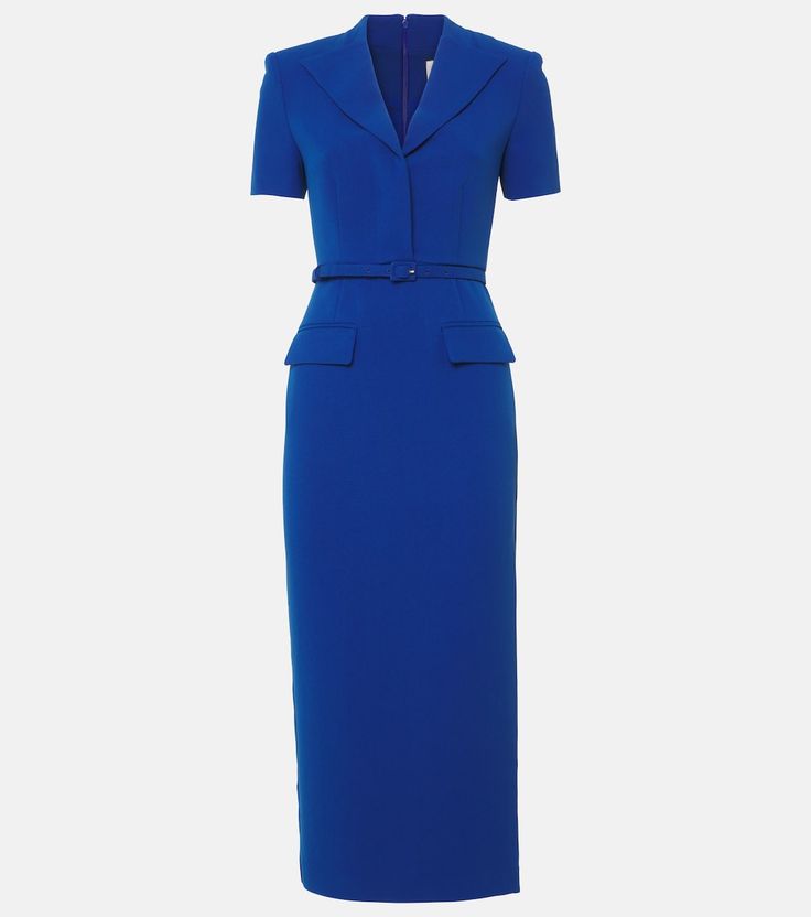 Belted cady midi dress in blue - Roland Mouret | Mytheresa Female Banker Outfit, Elegant Blue Belted Dress, Blue Fitted Midi-length Belted Dress, Blue Fitted Midi Belted Dress, Blue Fitted Midi Length Belted Dress, Fitted Maxi Length Office Dress, Blue Belted Maxi Dress For Party, Office Sheath Dress With Belt, Fitted Maxi Dress For Office