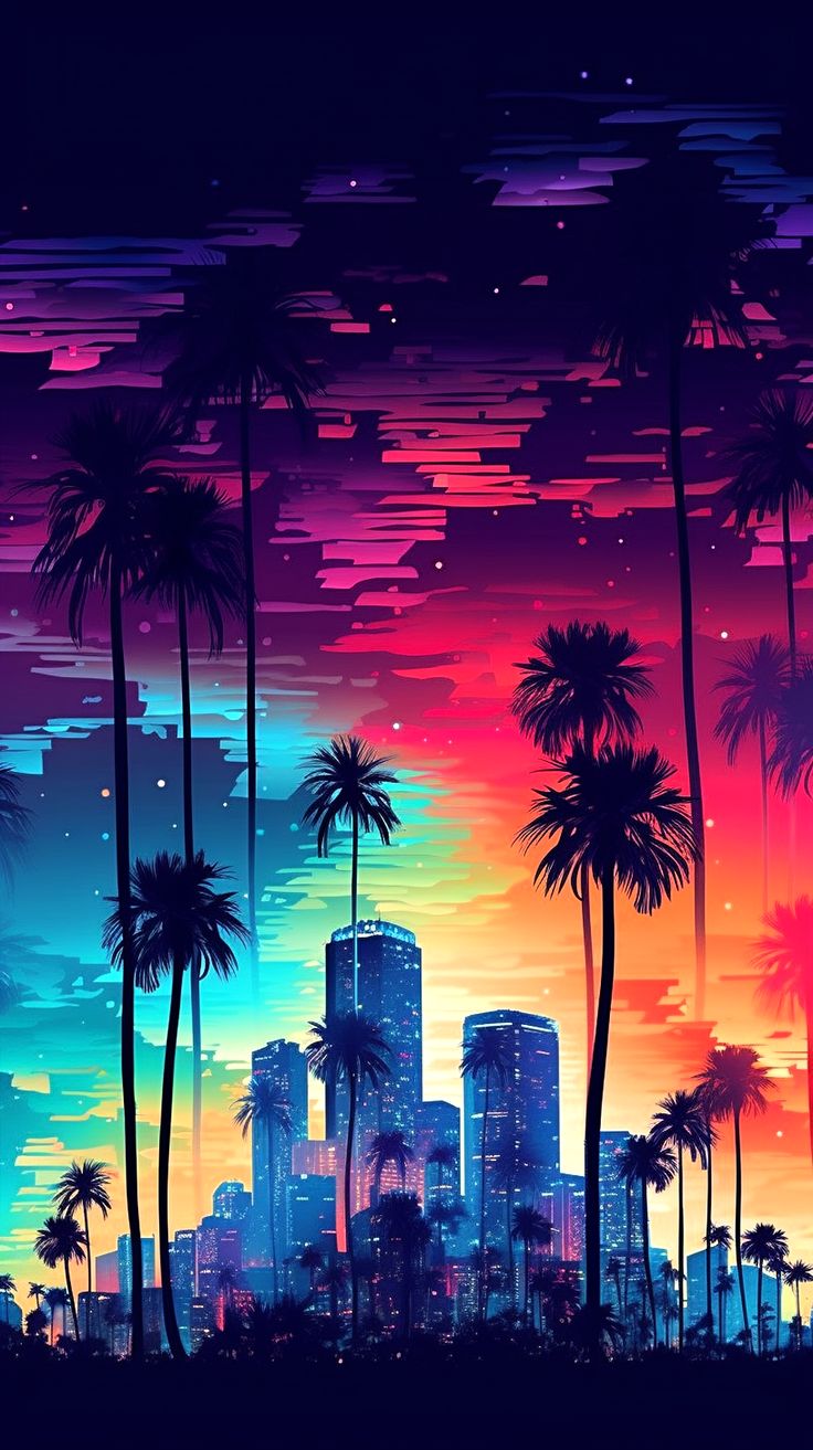 the city is surrounded by palm trees and colorful clouds at night, with stars in the sky