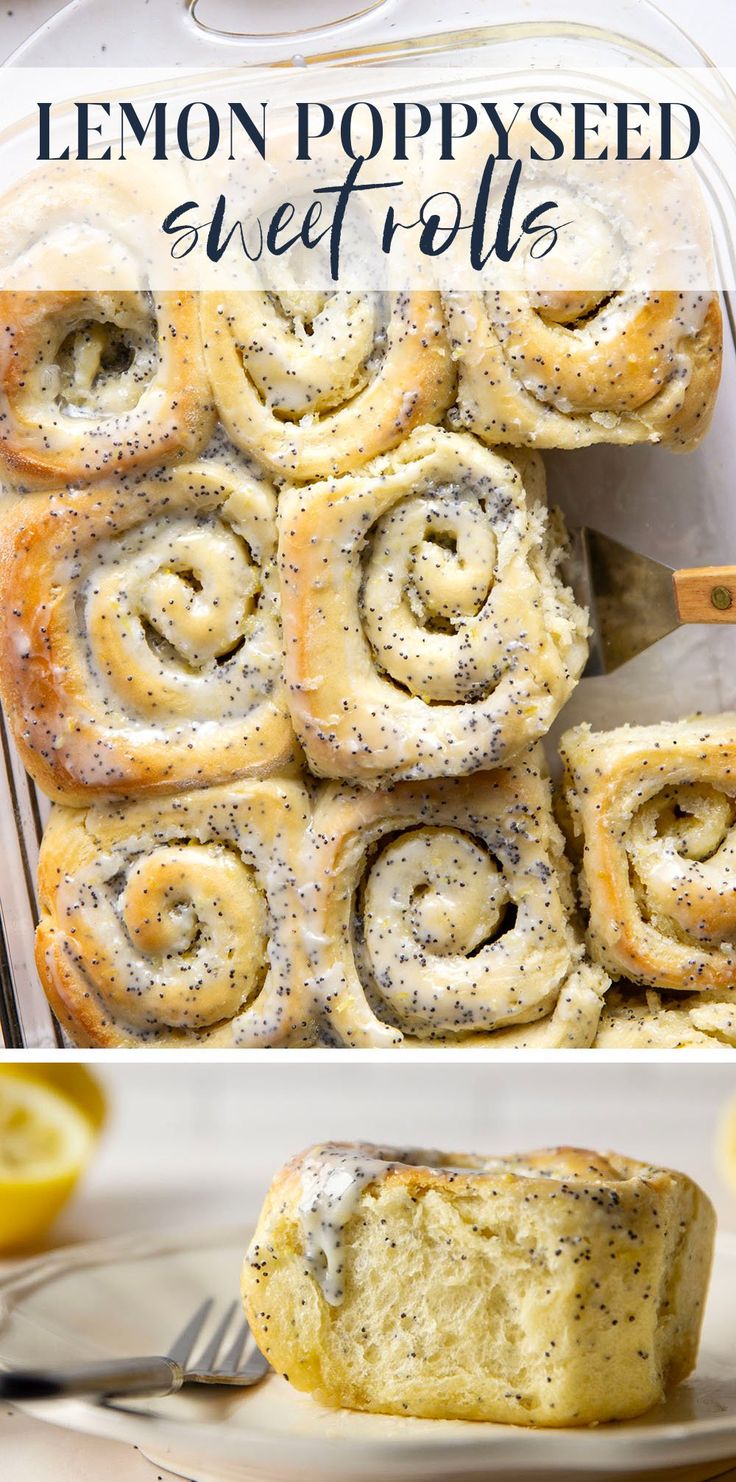 lemon poppy seed sweet rolls on a plate and in a glass container with the title above it