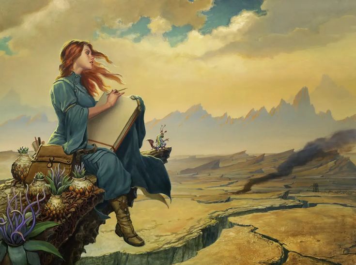 a painting of a woman sitting on top of a suitcase with mountains in the background