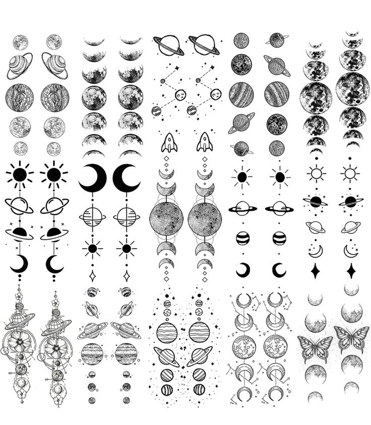 an assortment of different tattoo designs on white paper with space and stars in the background