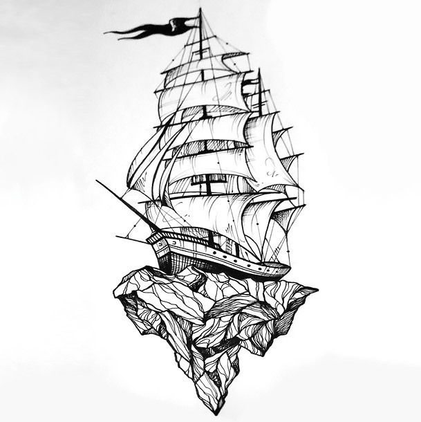 a drawing of a ship floating in the ocean