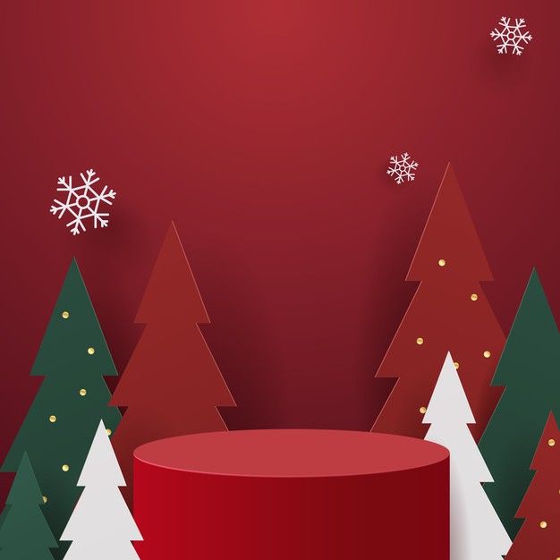 a red background with christmas trees and snowflakes